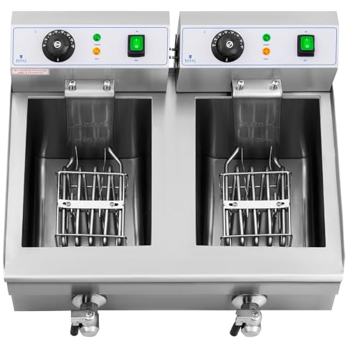Foto von Royal Catering Elektro-Fritteuse Edelstahl Doppel-Fritteuse (2 x 3000 W, Kapazität: 2 x 10 l, Temperaturbereich: 50-200 °C, Kaltzone, mit Ablasshähnen)