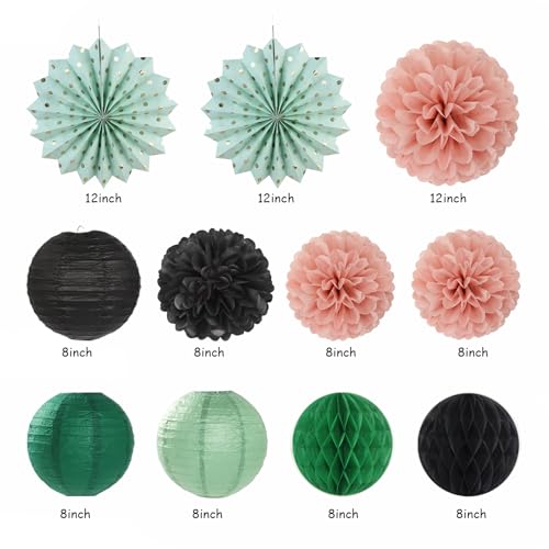 Image of Sage-Green Blush-Pink Black Birthday Party-decorations - 21pcs Girls Woman Happy Banner Garland, Paper Streamers Lanterns,Flower Tissue Pom Poms Fan Supplies,Wall Backdrop Decor Huglony