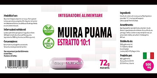 Muira Puama (Potenzholz) 5000mg Äquivalent (500mg von 10:1 Extrakt) 120 Vegane Kapseln, Laborgeprüft, Hochdosiert, Nicht GVO, keine Füllstoffe oder Zusatzstoff