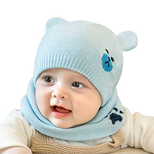 cjixnji Ensemble de bonnets et écharpes d'hiver pour bébé garçon et fille - Bonnet tricoté en coton doux - Pour enfants de 0 à 36 mois, bleu, taille unique Cover