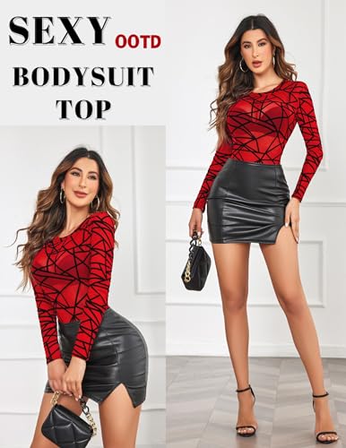 Image of Avidlove Womens Mesh Long Sleeve Bodysuit Round Neck Sheer Leotards Geo Print Bodysuit Top with Snap Crotch