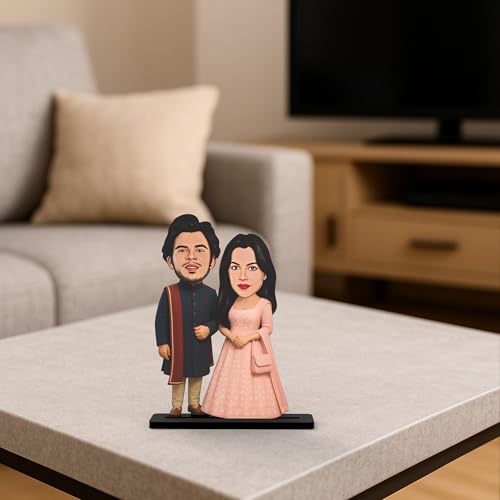 Image of Wood Rectangular Personalized Caricature Gift for Couple, 7 Inches, Tabletop Multicolor, Art Deco Style (COUPLE DES - 5)