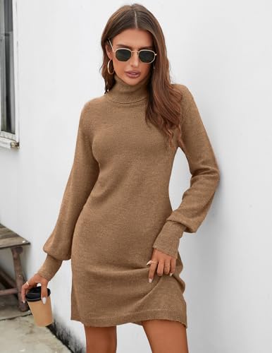Image of BreathSunny Wedding Guest Sweater Dresses for Women Sexy Turtleneck Fall Knit Long Sleeve Dress Khaki M