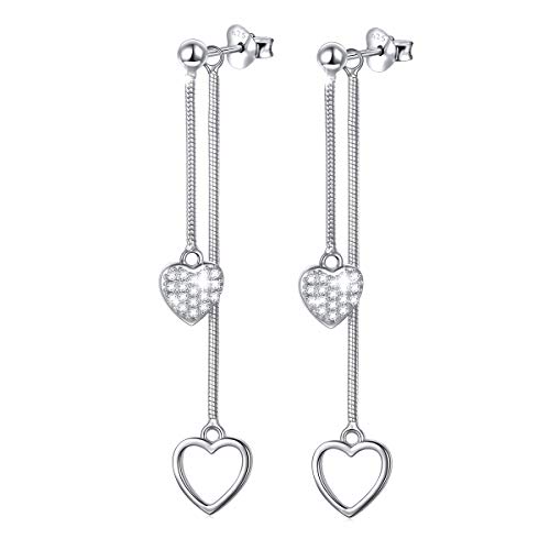 S925 Sterling Silver Heart Dangle Drop Double Front and Back Heart Long Earrings for Women