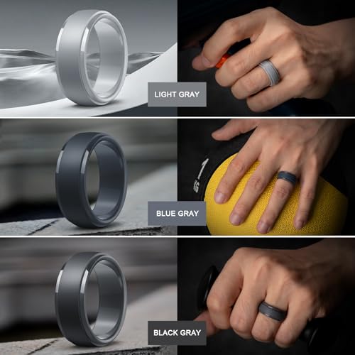 Image of Egnaro Men's Silicone Wedding Rings: Classic Black Step Edge Rubber band 10mm Wide 2.5mm Thick- Hypoallergenic for Gym /Outdoor /Gift(1 /4 /7 Variety Pack with Half Size)