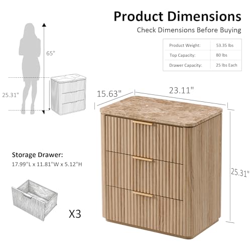 Image of Fluted Nightstand Set of 2, 23 inch W Night Stand with 3 Drawers, Wood Bed Side Table with Faux Marble-Top, Curved Corner, Metal Handle, Modern Bedside Table for Bedroom, Living Room, Office, Natural Oak