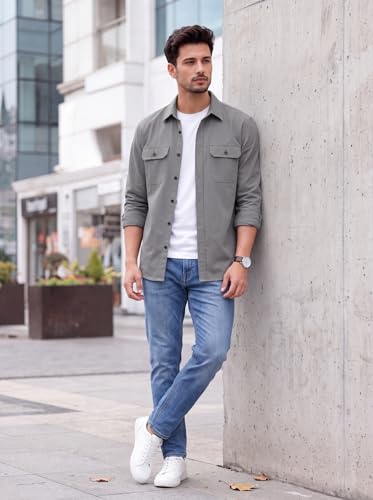 Image of Amazon Brand - INKAST Men's Cotton Blend Button Down Shirt | Long Sleeve Casual Lightweight Breathable Collared Shirts | Soft Comfortable Everyday Wear |Two Flap Chest Pockets |Using like Jacket Shirt