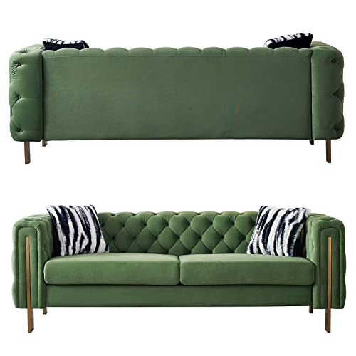 Image of Dolonm Modern Velvet Sofa for Living Room, 84 Inches Long Tufted Couch Upholstered Sofa with 2 Pillows High Arm and Metal Legs Decor Furniture for Bedroom, Office (Turquoise)
