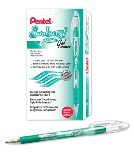 Pentel Sunburst Metallic Gel Pen, 0.8mm Tip Writes 0.4mm Line, Green/Transparent Barrel Green Ink, Box of 12 (K908-MD)
