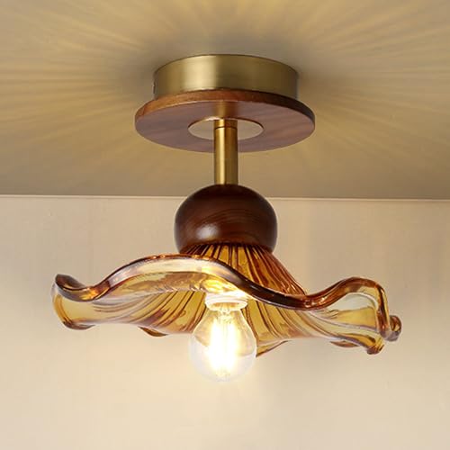 Plafonnier rétro fleur verre vintage light walnut semi flush mount plafond
