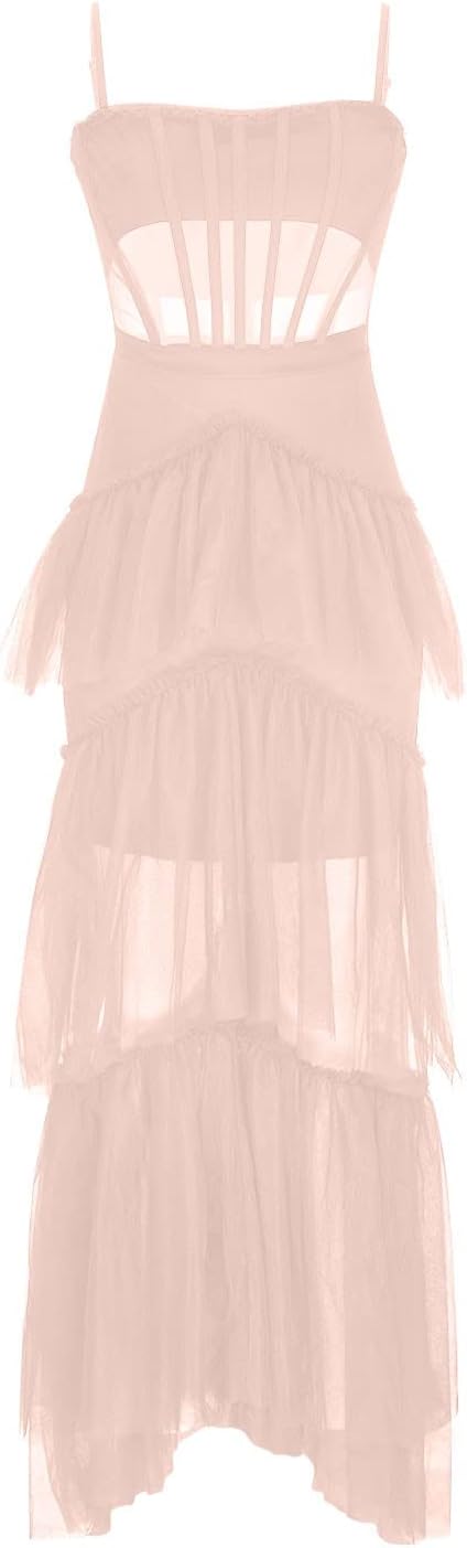 Women's Spaghetti Strap Prom Dresses Long 2023 Tiered Tulle A-line Pleated Formal Party Gowns Vacation Beach Sundress