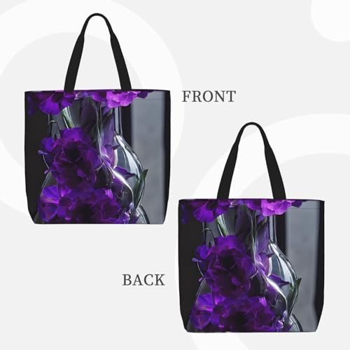 (Purple Flower) Large Reusable Tote Bag For Women Foldable Washable Shoulder Bag For Shopping Beach Travel Gym Work3