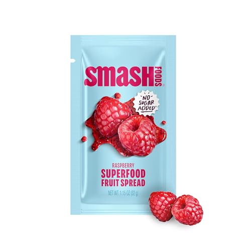 Image of Smash Foods Raspberry Jam Squeeze Packets | 10 Single Serve | Natural, Keto & No Sugar Added | Vegan & Upcycled Fruit Spread | Low-Calorie, Superfood Snack