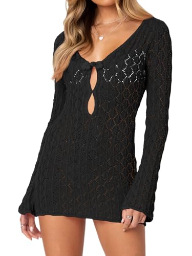 Saodimallsu Womens Crochet Cover Up Long Sleeve Sexy Bodycon Sheer Knit Summer Beach Swimsuit Coverup Cut Out Mini Dress