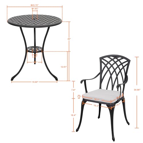 Image of NUU GARDEN Bistro Set 3 Piece Outdoor Cast Aluminum Patio Bistro Set Patio Table and Chairs Set of 2 with Umbrella Hole and Gray Cushions, Black