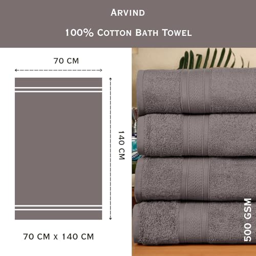 Image of Arvind 100% Cotton Towels for Bath | Towels for Bath Large Size | 500 GSM Bath Towel - Soft & Absorbent | 4 Piece Bath Towel for Men /Women | Urban Comfort | 70 cm x 140 cm - Dark Grey