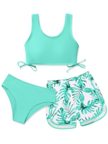 Image of Girl's 3 Piece Bikini Bathing Suit Printed Sport Swimsuits with Shorts Cove Up Sets Teen Girl's Swimwear