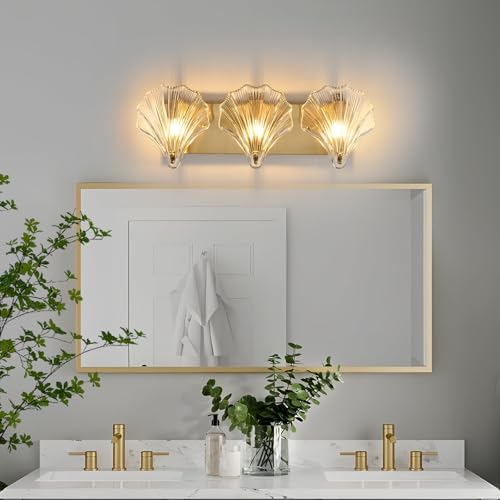 Image of Bathroom Light Fixtures, 3-Lights Vanity Lights Over Mirror, Modern Bathroom Wall Light with Clear Shell Shaped Glass Shades, Gold Wall Sconces for Bedroom Living Room Kitchen Hallway