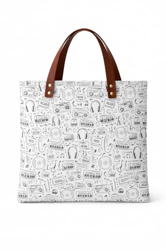Image of Vintage Music Print Canvas Tote Bag for Women & Girls | Reusable Shoulder Handbag with PU Leather Handles | Retro Cassette, Headphones & Vinyl Record Design |