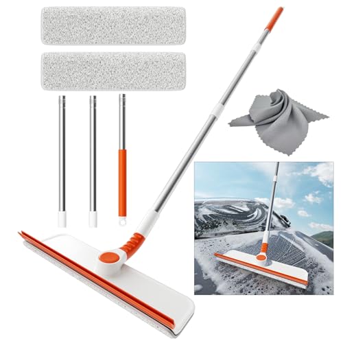 Image of Window Squeegee Cleaning Pole 2-in-1 Windshield Cleaner Tool with 50 inch Pole Bendable Head Window Washing Equipment or Indoor Outdoor Window Glass Door Car Windshield (Cleaner with Grey Cloth)