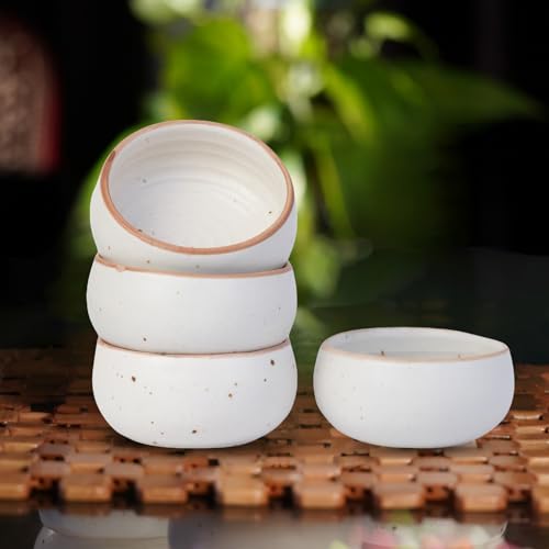 Image of Freakway Hand-Painted Cream White Matte Finish Ceramic Small Bowl Set of 4 (150ml) | Small Serving Soup Bowls, Cereal Bowl, Pasta Bowls | Dishwasher & Microwave Safe - Off White
