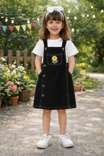 Image of superminis Girls Twill Denim Solid Color Dungree /Dress With Embroidered Pocket (1 Dress,1 Tee)