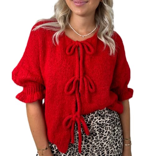 Women Trendy Bow Tie Sweater Cardigans Solid Color Puff Sleeve Loose Chunky Knited Jacket Open Front Knitwear
