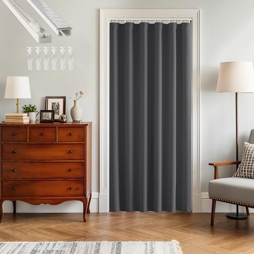 Image of RYB HOME Door Curtain with Track, Blackout Privacy Curtains for Doorway French Door Bedroom Living Room Bay Window Room Partiton Renter, W 36 x L 80, Grey, 1 Panel