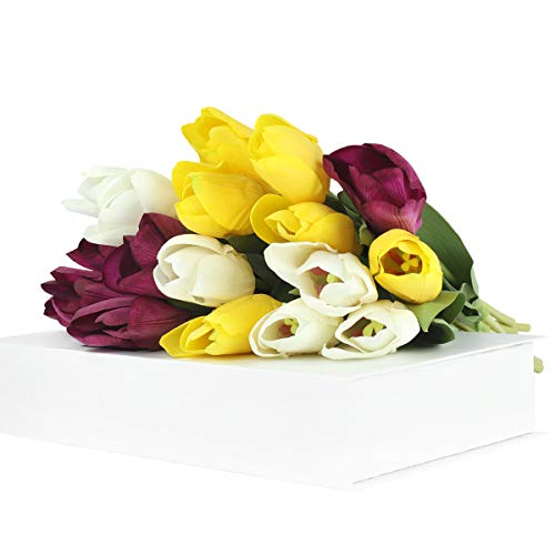 iFLOVE 18 Stück bunte künstliche Latex-Tulpen, einfach ausstellen, hochwertige Tulpen aus Kunstseide (gelb, weiß, lila) Cover