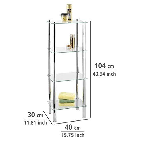 WENKO Regal Mod. Yago viereckig mit 4 Glasablagen, Badregal aus Edelstahl und Glas, 40 x 104 x 30 cm, platzsparende Aufbewahrung im Bad