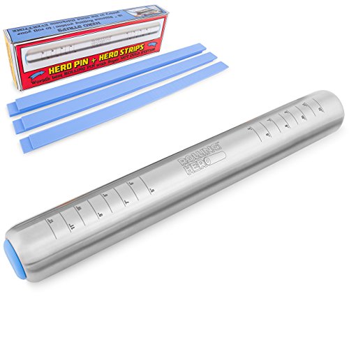 Rolling Pin by ROLLING HERO - Weight Adjustable Non-Stick Stainless Steel Rolling Pin + 6 Silicone Thickness Perfection Strips Guides Rails