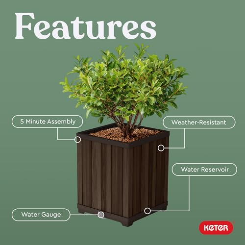 Image of Keter Signature 21.6 Inch Tall Square Large Wood Look Planter for Indoor or Outdoor Flower Pot Ideal for Patio Deck and Front Porch Decor, Rosewood