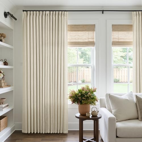 Image of TWODRAPES Extra Wide Pinch Pleat 100 x 84 Inch Linen Curtains for Living Room Beige Light Filtering Semi Sheer Pleated Curtains for Patio Glass Sliding Door Dining Bedroom Large Window 100x84 1 Panel