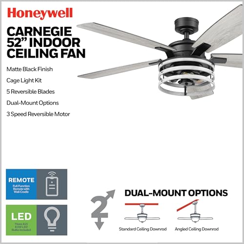 Honeywell Ceiling Fans Carnegie, 52 Inch Industrial Style Indoor LED Ceiling Fan with Light, Remote Control, Dual Mounting Options, 5 Dual Finish Blades, Reversible Airflow - 51855-01 (Matte Black) - image 3