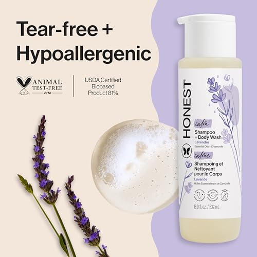 Image of The Honest Company 2-in-1 Cleansing Shampoo Body Wash Gentle for Baby, Naturally Derived, Tear-free, Hypoallergenic, Lavender Calm, 18 fl oz