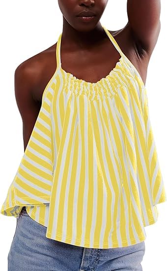 Striped Backless Halter Neck Y2k Tops for Women Sleeveless Tie Back Cami Tank Top Loose Summer Beach Tops