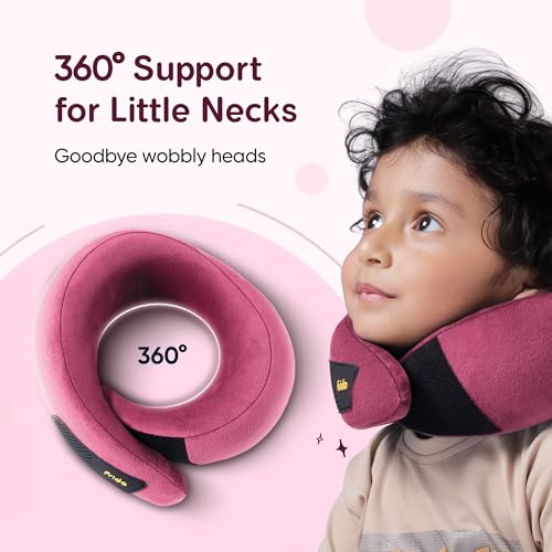 Image of Frido Kids Memory Foam Travel Neck Pillow with Travel Pouch | 360 Chin & Neck Support for Comfortable Sleep | Adjustable Velcro Straps | Ideal for Car, Flight & Road Trips | Wine
