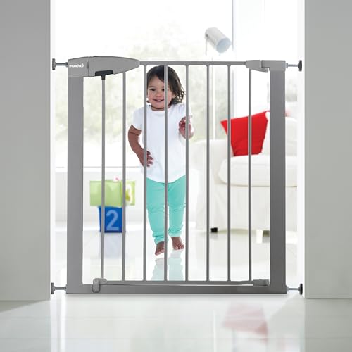 Munchkin Easy Lock Tür-/Treppenschutzgitter mit Druckbefestigung, 73 - 79 cm, erweiterbar auf 114 cm mit Verlängerung, Metall, silber