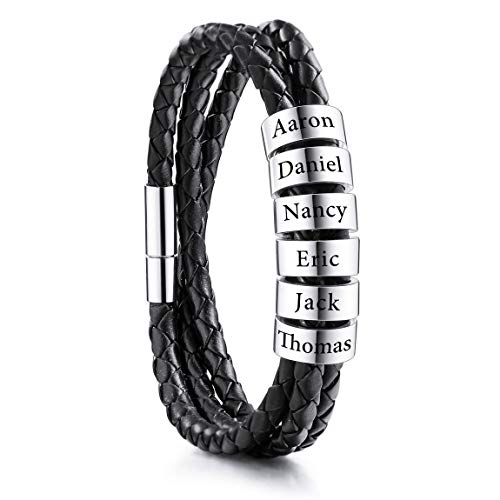 Viboos Personalized Bracelets Engraving 2-6 Names Customized Identification Id For Women Men Genuine Leather 925 Sterling Silver Beads Braided Cuff Bridesmaid Gifts Best Friend (6 Beads) #TOP3