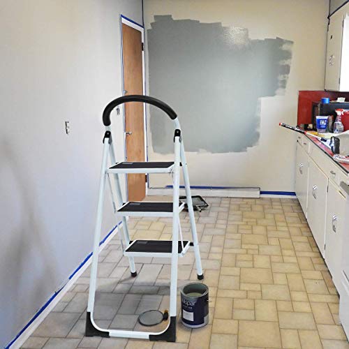 KingSo 3 Step Ladder Folding Step Stool with Steel Wide Anti-Slip Pedal and Handgrip Anti-Slip, Lightweight 350lbs Portable Steel Step Stool, (350lbs Capacity)