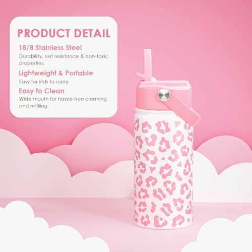 Image of SANDJEST Pink Leopard Print Kids Water Bottle With Straw Lid 12oz Insulated Stainless Steel, Travel Tumbler, Gifts For Girls, Birthday, Christmas, Back To School