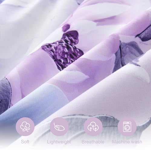 Image of Floral King Size Comforter Set - 7 Piece Botanical Purple Flower Bed in a Bag Ulter Soft Microfiber Bedding Set, Lightweight Bed Comforter Set with Sheets for All Season (Purple, King)