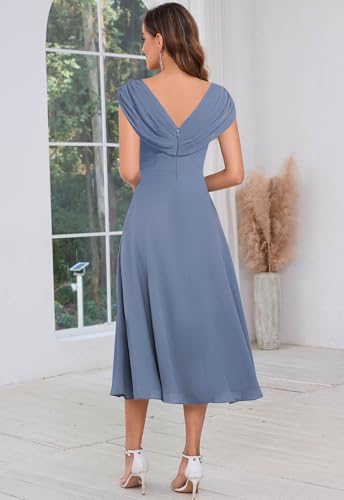 Image of SOLODISH Mother of the Bride Dresses for Wedding Tea Length Chiffon A Line Formal Wedding Guest Party Gown