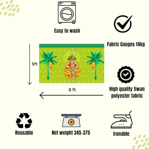 Image of varamahalakshmi Backdrop | Lakshmi Pooja Backdrop, Size 5x8 feet Light Green Colour | Lakshmi puja Background Decoration | Lakshmi Devi Backdrop Cloth for Decoration