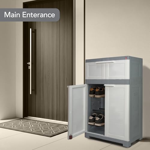Image of CELLO Novelty Dual Plastic Shoe Rack with Dustproof Doors| 3 Year Warranty | Chappal /Slipper /Footwear Stand for Home, Living Room, Office, Outdoor| White & Grey Colour