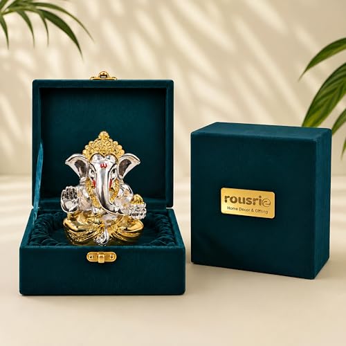 Image of Rousrie 24k Gold and 999 Pure Silver Plated Ganesha Idol, 2.5 Inch, Attracts Prosperity, Luxury Gift Box Included, for Wedding and Housewarming
