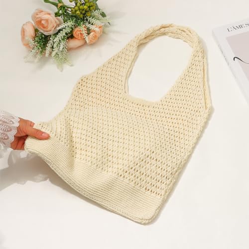 Image of Ovida Crochet Tote Bag Mesh Beach Bag Fairycore Hobo Bag Fairy Grunge Aesthetic Shoulder Bag Y2k Purse for Women Girls
