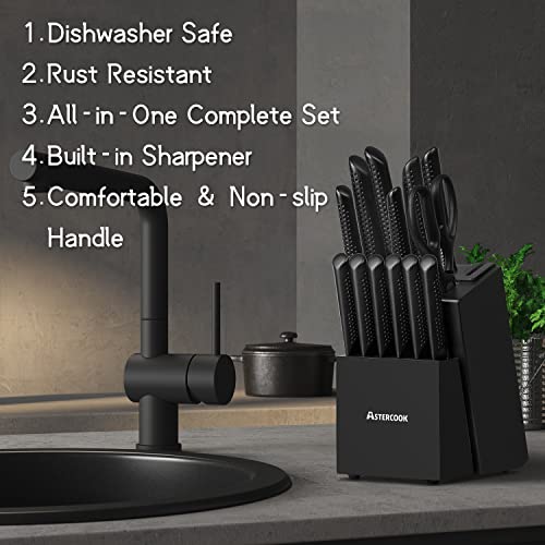 Knife Set, 15 Pieces Chef Kitchen Knife Set With Block, Built-In Knife Sharpener, German Stainless Steel Knife Block Set, Dishwasher Safe, Elegant Black #TOP6