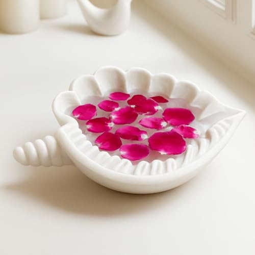 Image of Marble Urli Bowl for Decoration | Big Potpourri Decorative Bowls in Home decor | Large White Floating Flower Plates of Stone | Small Shape puja Item | (14 inch, Shankh)