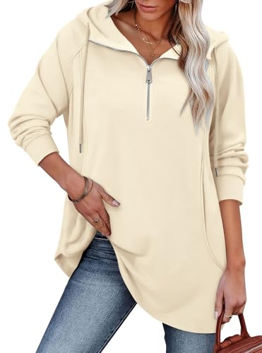 onlypuff Women Hoodie Pullover Trendy Quarter Zipper Lapel Sweatshirts Drawstring Cute Hooded Tunic Tops with Side Pockets